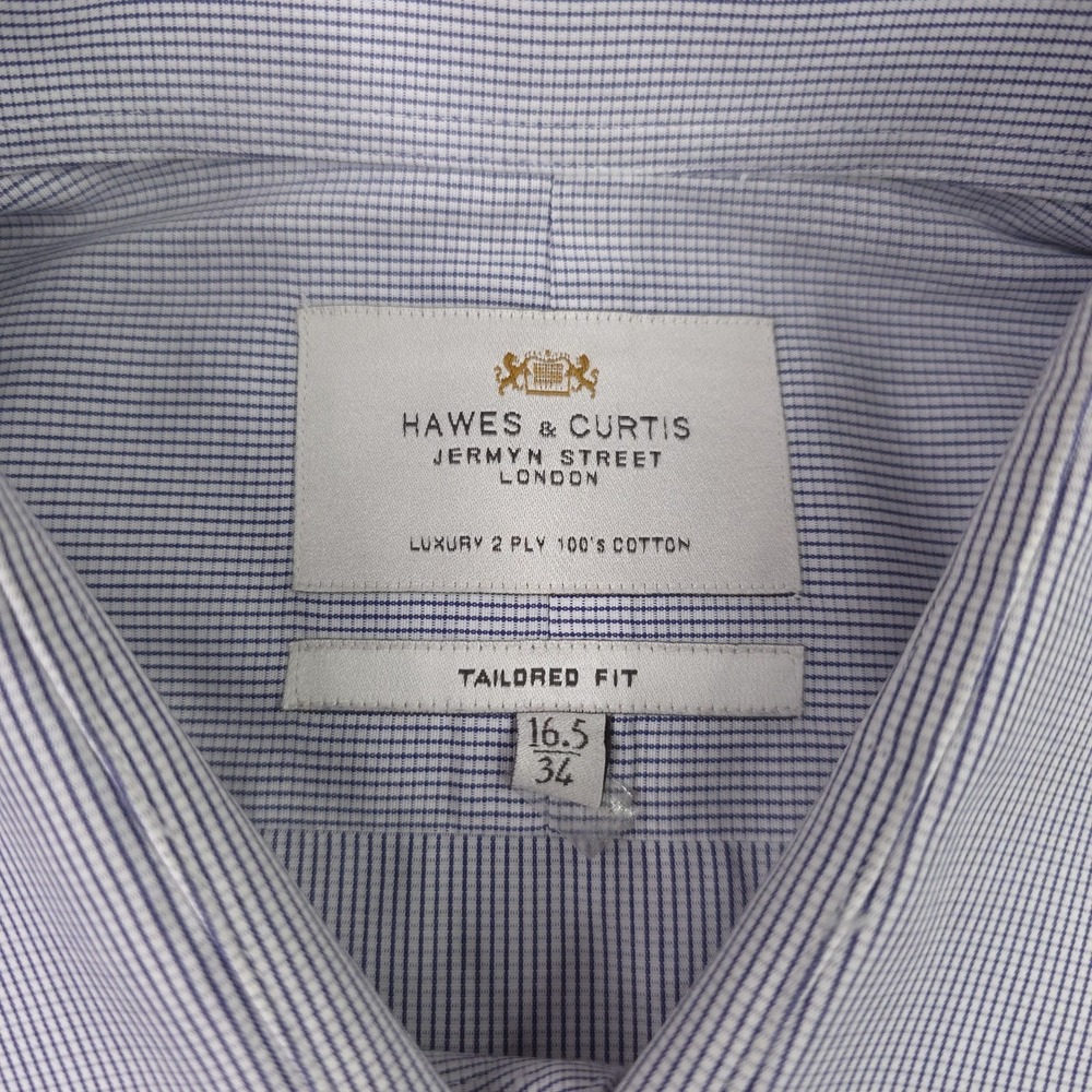Hawes & Curtis Shirt Mens 16.5 34/35 Blue Check Tailored Slim Fit French Cuff - Picture 7 of 15